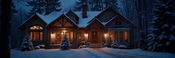 A Welcoming Home on a Cozy Winter Night: Warm Windows and Lantern Light. Embracing the Holiday Spirit with Anticipation and Comfort. Perfect for Seasonal Backgrounds, Banners, and Social Media Posts.