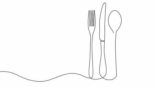 Video. Fork, knife and spoons. Continuous single line cutlery pattern for logos, business cards, banners. Animation on white background. 4K.