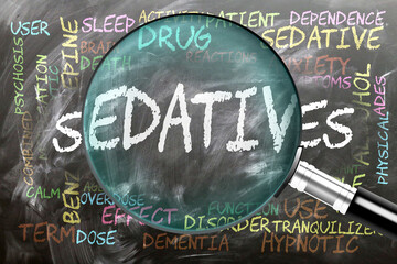 Sedatives being studied, examined - under close inspection. Most important subjects and ideas closely related to sedatives written on a blackboard inspected by a magnifying glass. ,3d illustration