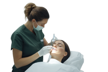 Aesthetic practitioner applying dermal fillers during a cosmetic treatment session in a clean, professional clinic setting