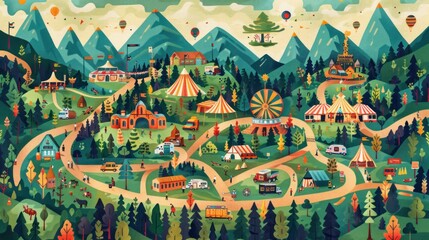 Idyllic mountain festival map illustration.