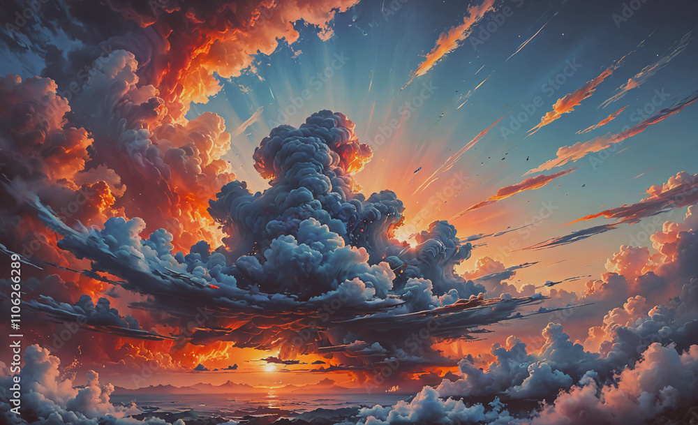 Poster large cloud with a sun in the middle. the sun is shining through the clouds. there are birds flying 