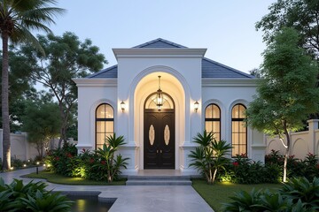 Obraz premium 3D rendering of a beautiful house with a Mediterranean-style design. The house has a white exterior with a gray roof and a large arched doorway in the center. real estate