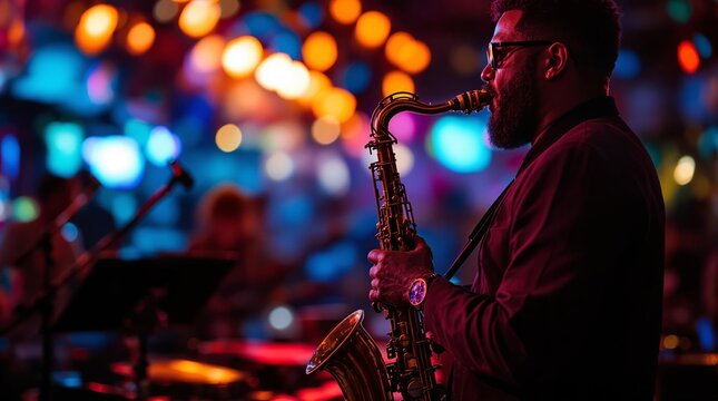 side view of a saxophonist playing in a lively jazz club, with warm and cool bokeh lights creating a dynamic and atmospheric setting, capturing the essence of live music and vibrant nightlife
