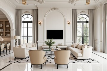 Fototapeta premium a luxurious living room with a high ceiling and ornate decorations. The room has a large flat-screen TV mounted on the wall in the center of the room