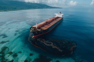 Oil tanker stranded offshore, leaking oil into the water, creating a visible spill, highlighting an environmental disaster or maritime accident with an urgent need for response