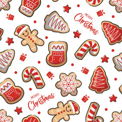 Seamless Pattern Christmas Cookies With Gingerbread On White Background, Cartoon Illustration