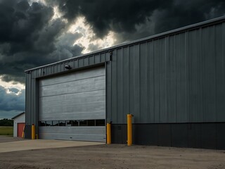 Fototapeta premium Industrial garage doors under a dramatic sky.