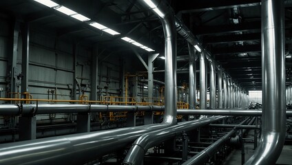 Obraz premium Industrial pipelines reflecting modern manufacturing.