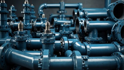 Obraz premium Industrial pipes and valves in blue colors, arranged on a white background.