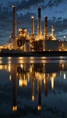 Naklejka premium Industrial refinery reflecting on water.