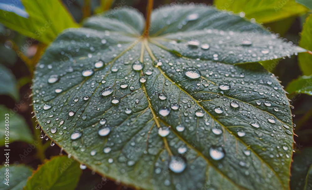 Poster leaf with water droplets on it. the droplets are small and scattered. the leaf is green in color
