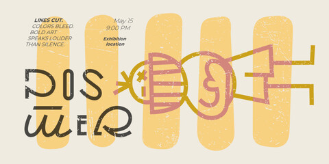 Horizontal template showcasing graffiti-style character, trendy shapes, and retro scratches. Creative font enhances modern art feel. Editable for fashion or unique artistic projects