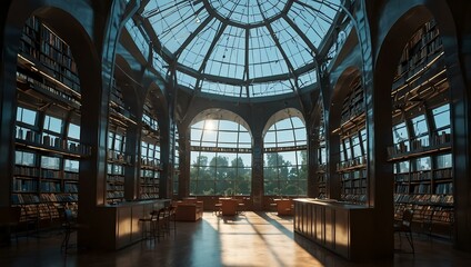 Infinite glass-domed futuristic library.