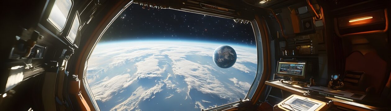 A breathtaking view of Earth from a spacecraft, showcasing the planet's surface, clouds, and atmosphere with a glimpse of the moon in the distance, embodying the wonders of space e
