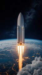 A V2 rocket launches into the atmosphere, capturing the curvature of Earth below, highlighting the vastness of space and the beauty of our planet