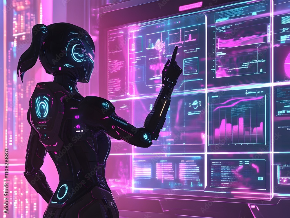 Poster a futuristic humanoid robot interacts with a high-tech digital interface, showcasing vibrant neon gr