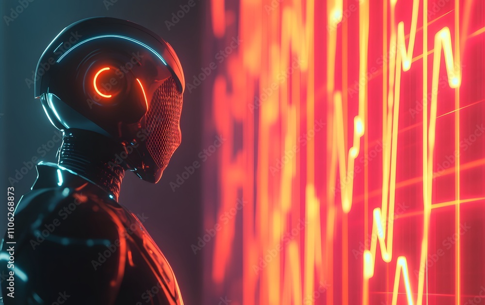 Poster a futuristic robot gazes at vibrant digital data displays, symbolizing the intersection of artificia