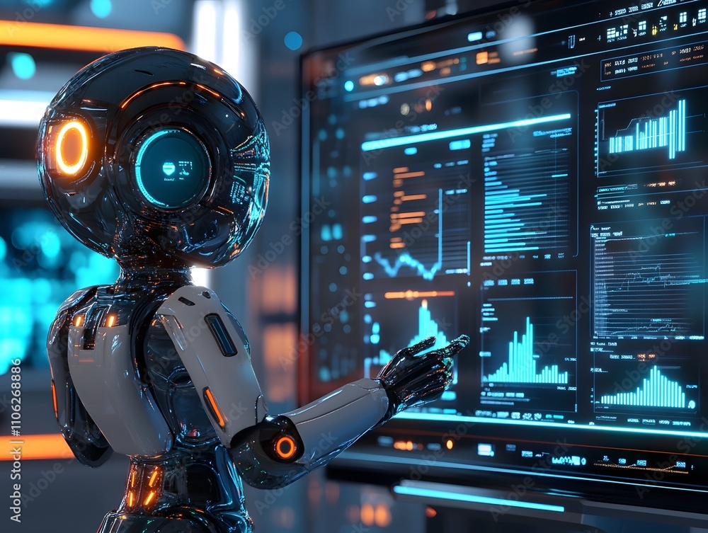 Poster a futuristic robot interacting with advanced analytics on a high-tech screen, showcasing the integra
