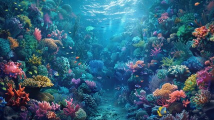 Naklejka premium Vibrant coral reef teeming with colorful fish and diverse marine life.