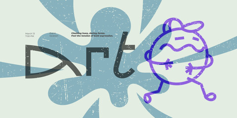 Trendy horizontal poster with graffiti-inspired art, abstract forms, and vintage scratches. Creative font adds personality. Fully editable for modern art or fashion design use