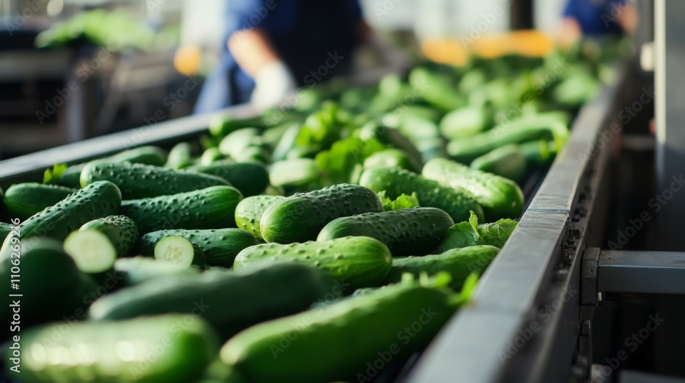 Leinwandbilder fresh cucumbers are being sorted in a processing facility where they will be transformed into juice.