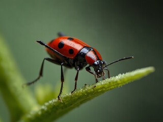 Naklejka premium Insect feeding on a green plant, close-up of a red and black bug.