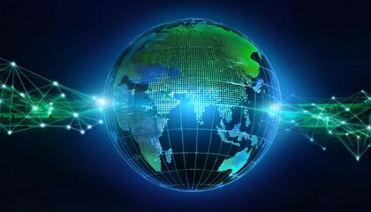 abstract digital globe with connected lines representing global business glowing energy in futuristic blue and green tones symbolizes worldwide connectivity