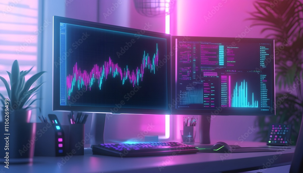 Poster a modern workspace featuring dual monitors displaying vibrant data graphs and analytics, surrounded 