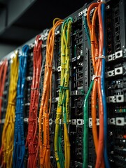 Inside a server room with colorful cables in connectors.