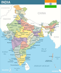 India Map Vector New 2024 Colorful - Customizable layered political map of India with administrative divisions for website, education, reports, news, politics, print, poster and wallpaper
