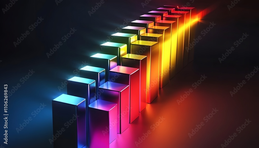 Poster a vibrant arrangement of colorful illuminated blocks, showcasing a gradient of hues that create a me