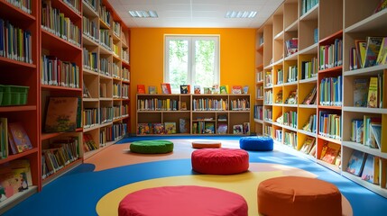 A vibrant and inviting children's library filled with colorful books and cozy seating, promoting a love for reading and learning in a playful, engaging environment.