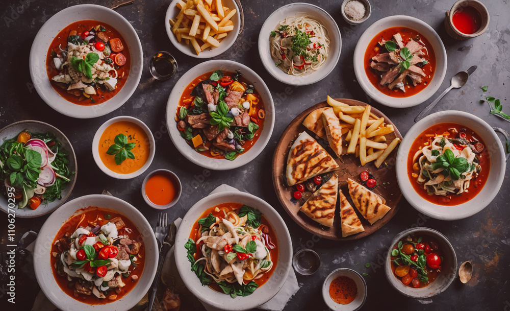 Poster Table with many different types of food, including a plate of fries. There are also many bowls and cups on the table