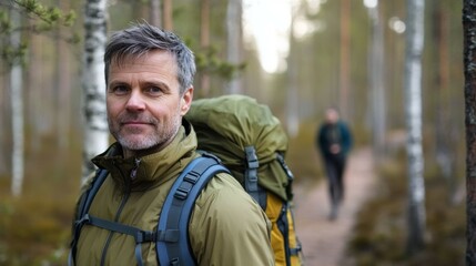 Fototapeta premium Hiker Exploring a Forest in Autumn 