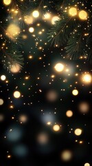 Obraz premium Enchanting depiction of green and gold stars hanging from pine branches, illuminated by soft bokeh lights, creating a festive atmosphere