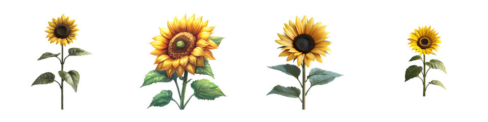 Fototapeta premium Realistic Sunflower Illustrations with Lush Green Leaves on transparent background