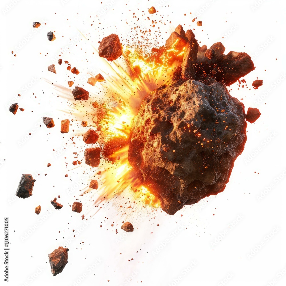 Poster asteroid exploding with fire and debris on white background