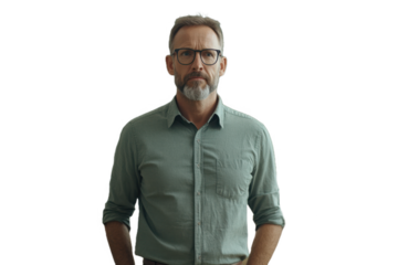 A man standing confidently with a neutral expression in a modern, well-lit environment during daytime