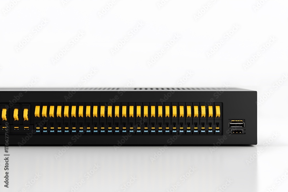 Poster network switch and ethernet cables, neatly organised, showcasing connectivity and data transfer in a