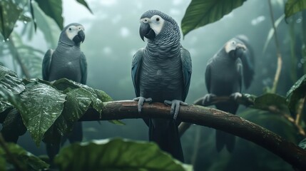 Obraz premium African grey parrots perched on high branches in a misty rainforest, surrounded by dewy leaves.