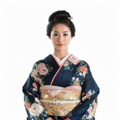 Japanese woman wearing traditional kimono posing on white background