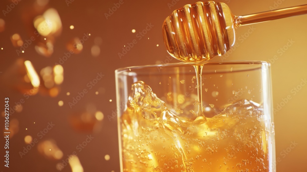 Poster a glass filled with freshly made juice glistens in the warm light, while honey drips from a honey di