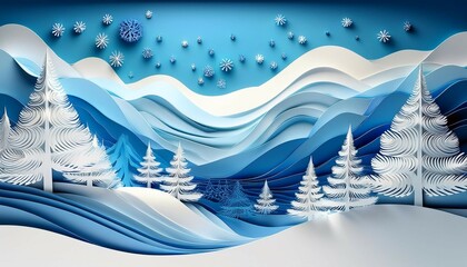winter paper cut landscape snowy trees mountains and hills in different shades of blue and white festive christmas or new year background