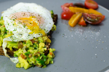 Breakfast with fried eggs, rye bread, guacamole and cherry tomatoes