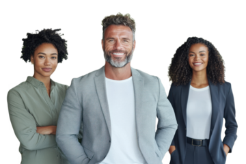 Three professionals posing together in a bright office space showcasing teamwork and collaboration during a business meeting