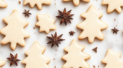 Close-up of gingerbread Christmas tree cookies adorned with star anise sprinkles, perfect for holiday celebrations and baking traditions SEAMLESS PATTERN