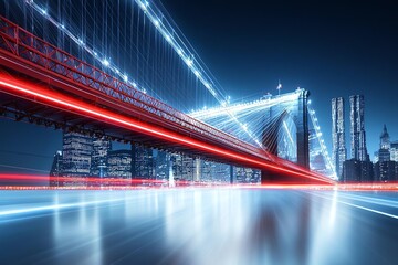 Obraz premium A stunning night view of a modern bridge illuminated by vibrant lights, showcasing the dynamic energy of a bustling cityscape in the background. Perfect for urban photography.