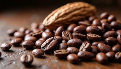 Close-up of cocoa pod and roasted coffee beans on wooden surface emphasizing rich textures and flavors
