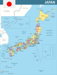 Fototapeta premium Japan Map Vector New 2024 Colorful - Customizable layered political map of Japan with administrative divisions for website, education, reports, news, politics, print, poster and wallpaper